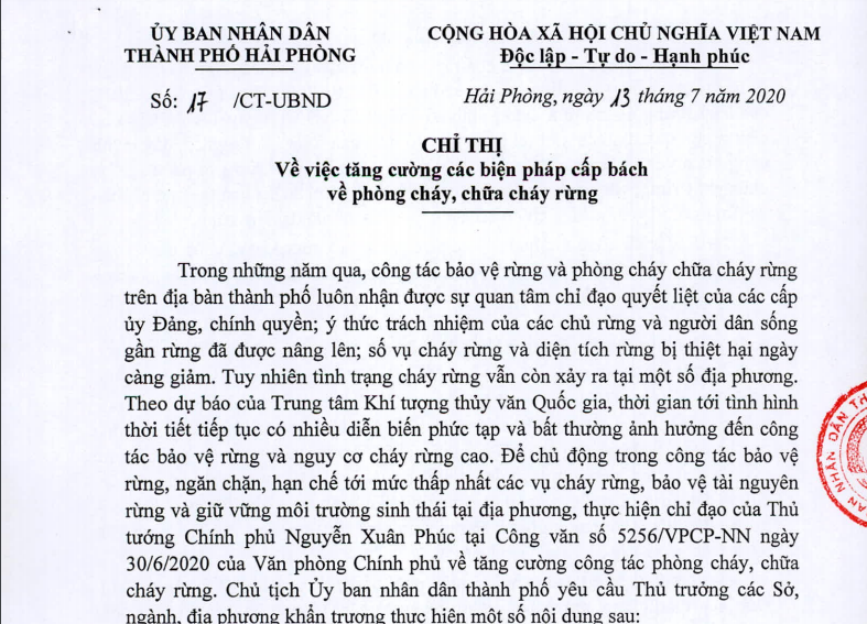 Chỉ thị 17/CT-UBND  ngày 13/7/2020 về việc tăng cường các biện pháp phòng cháy chữa cháy rừng 